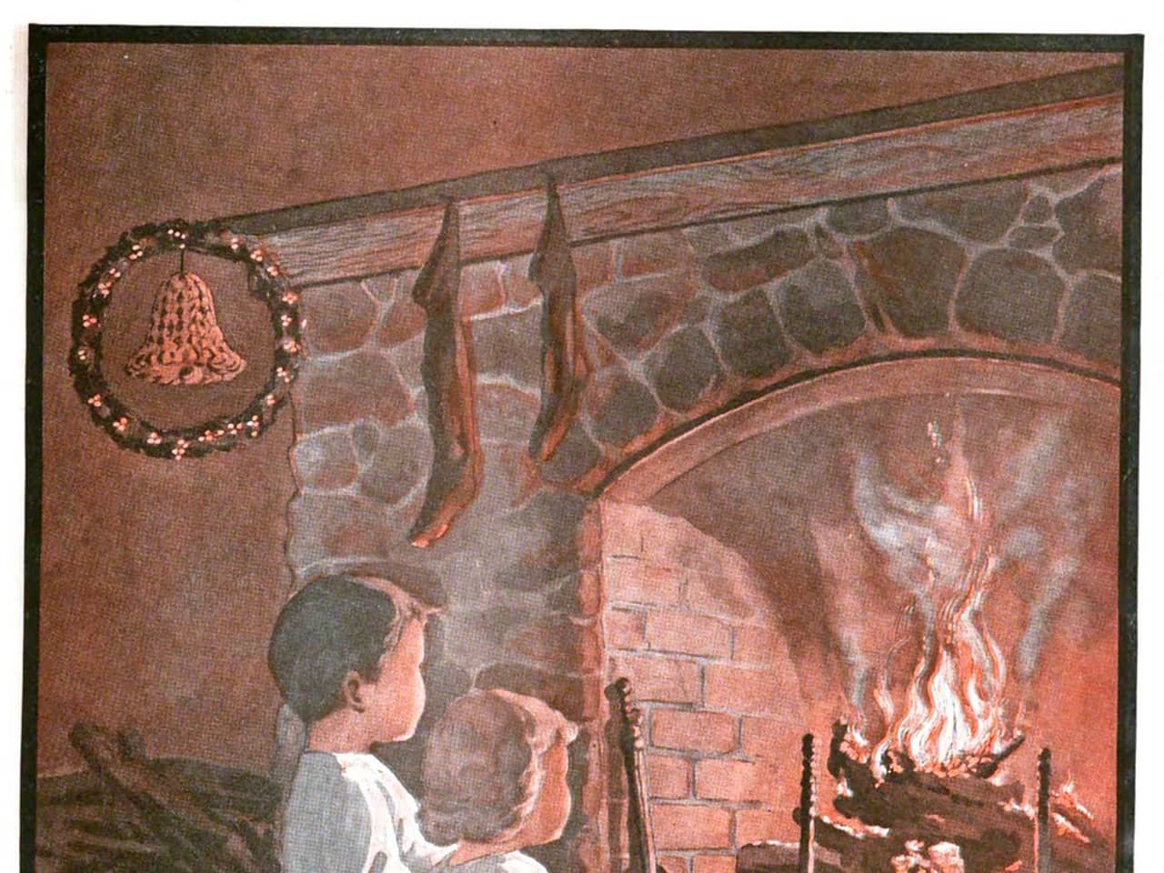 Small wrapped gifts and a knitted stocking on a mantel