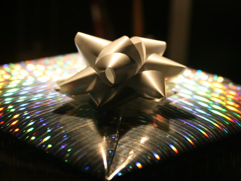 A wrapped gift tied with ribbon