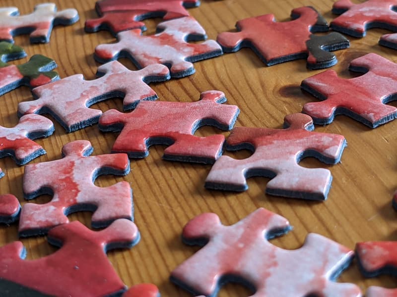 Jigsaw puzzle pieces on a table