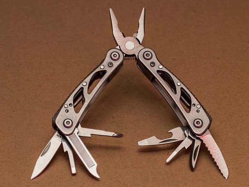 A folding multi-tool on a workbench